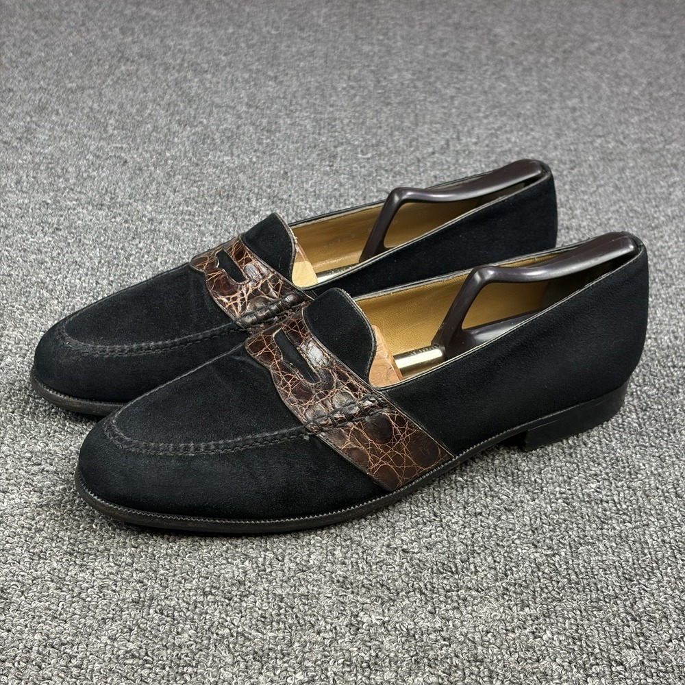 Moreschi Black Suede Penny Loafers Croc Style Strap Vibram Sole Italy Size 10